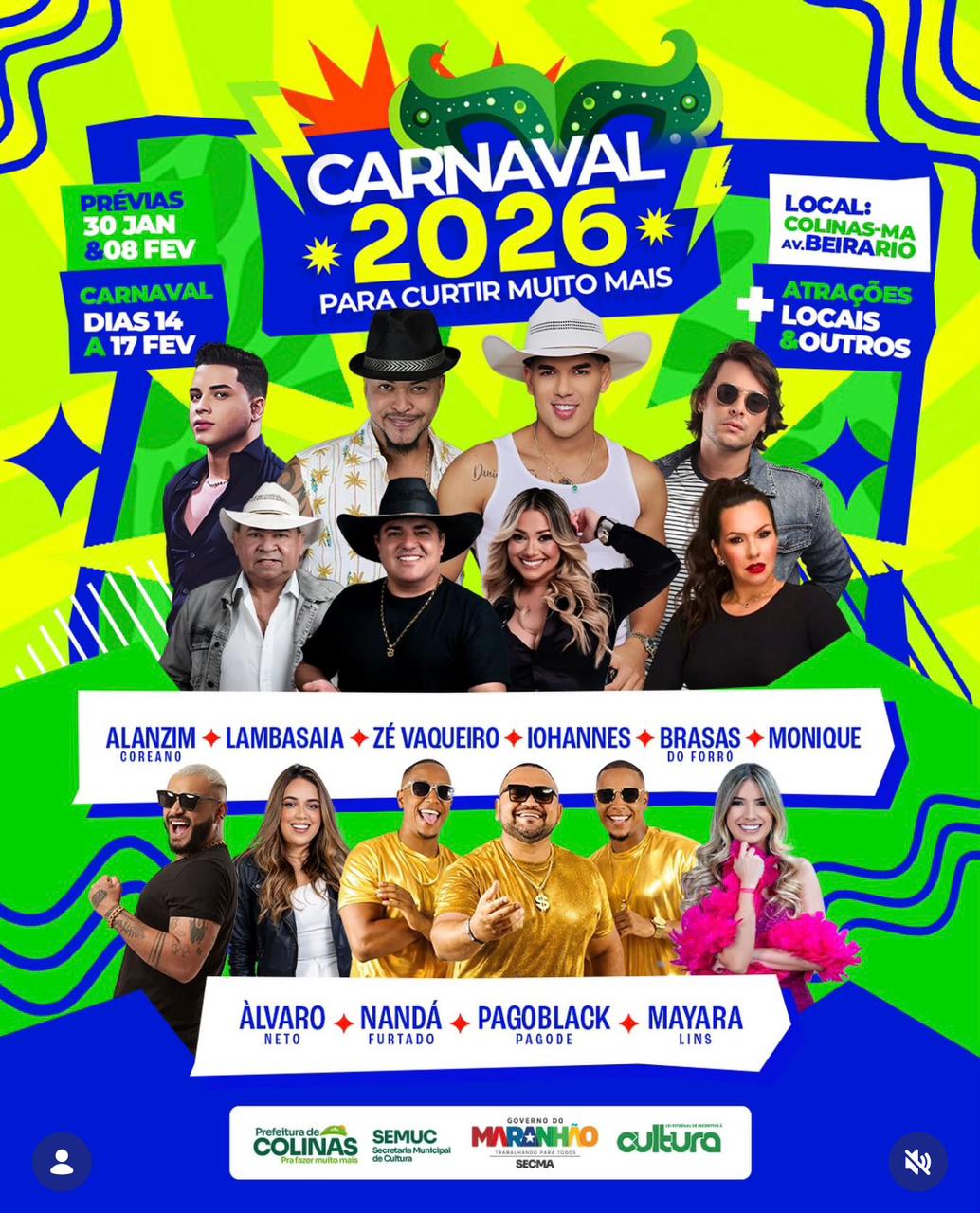 Carnaval 2026 em Colinas promete festa, diversidade musical e grandes atrações